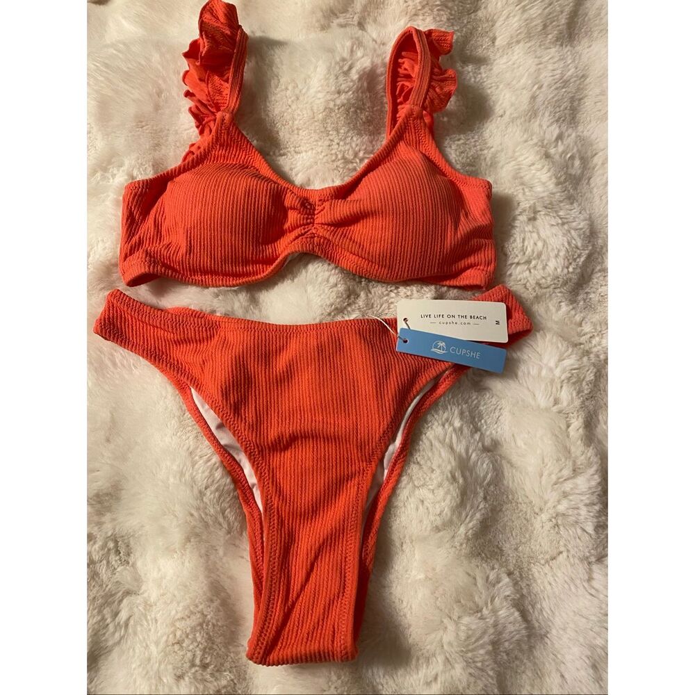 Cupshe Ribbed Ruffle Strap Bikini Set - Bright Coral Pink Sz Medium NWT